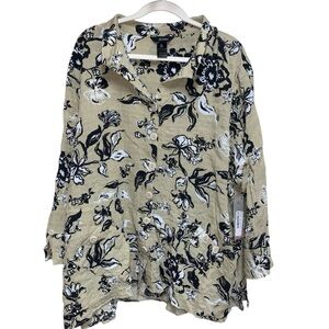 Ali Miles Beige Floral Button-Down Shirt Pucker 3X Lagenlook Artsy Hippie